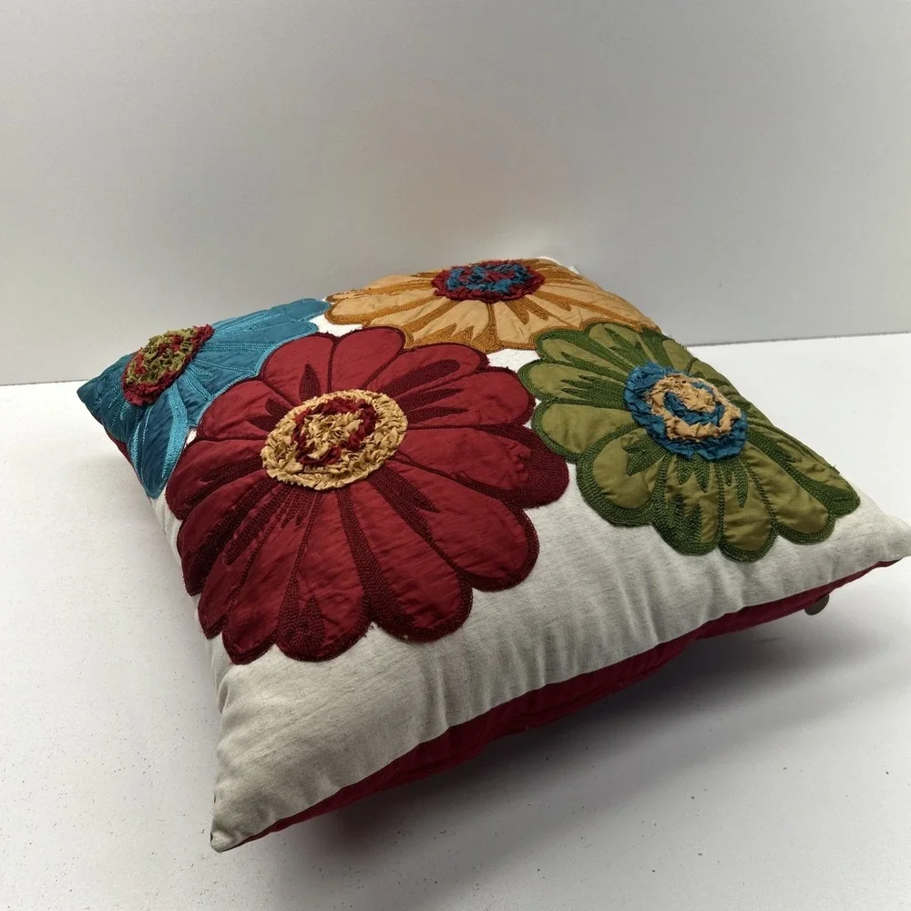 Pier 1 Imports Embroidered Floral Pillow Red Blue Green Yellow 18